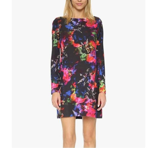 Milly Monet Jewel Floral Printed A Line Long Sleeve Black Multicolor Dress 12 - Picture 1 of 13